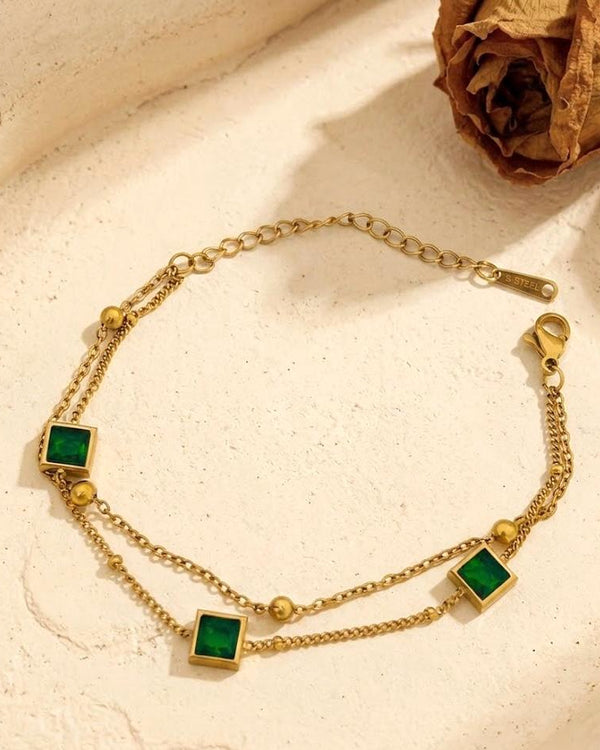 Double Layer Square Crystal Station Bracelet — Emerald Green