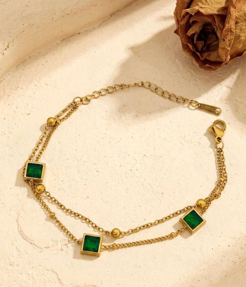Double Layer Square Crystal Station Bracelet - 18K Gold Plated Stainless Steel Jewelry