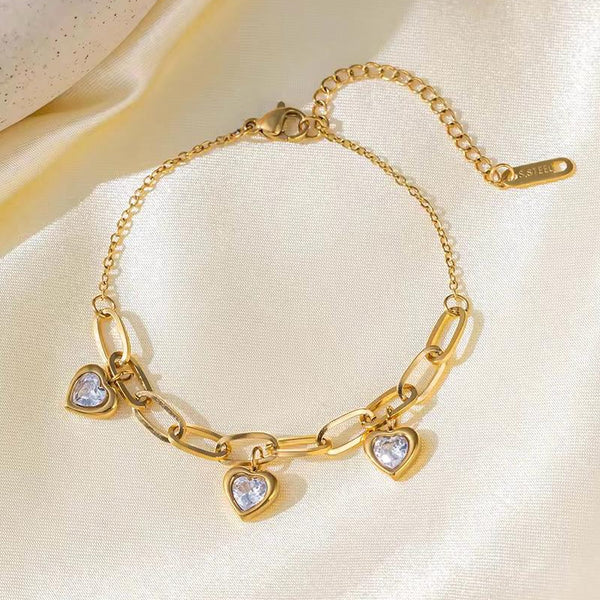 Triple Heart Charm Paperclip Bracelet — Crystal White