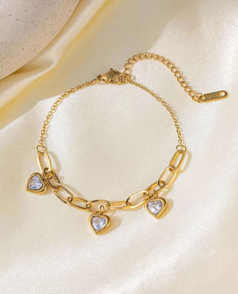 Triple Heart Charm Paperclip Bracelet - 18K Gold Plated Stainless Steel Jewelry