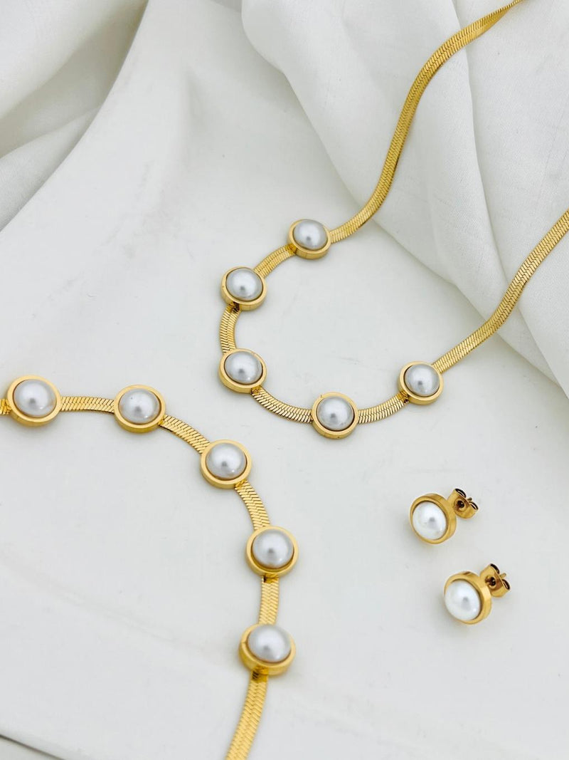 Pearl Station Herringbone Set - 18K Gold Plated Stainless Steel Jewelry