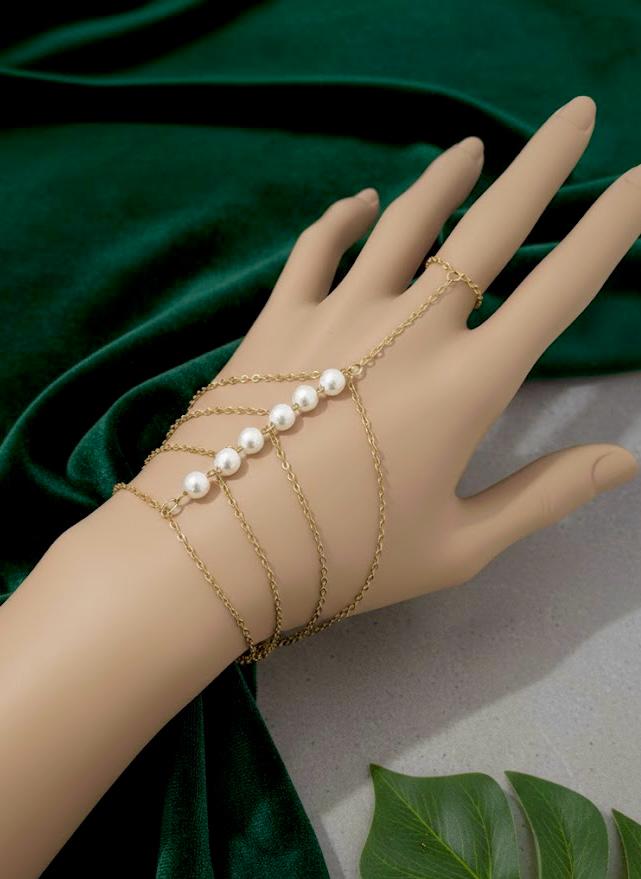 Multi-Strand Pearl Hand Chain Ringlet - 18K Gold Plated Stainless Steel Jewelry