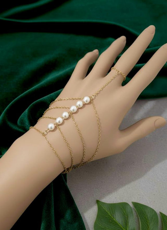 Multi-Strand Pearl Hand Chain Ringlet - 18K Gold Plated Stainless Steel Jewelry