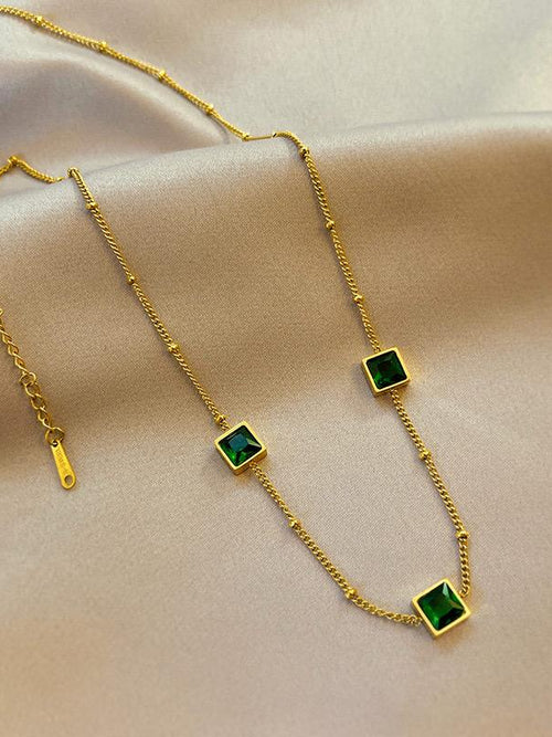 Triple Square Crystal Station Necklace - 18K gold-plated stainless steel jewelry