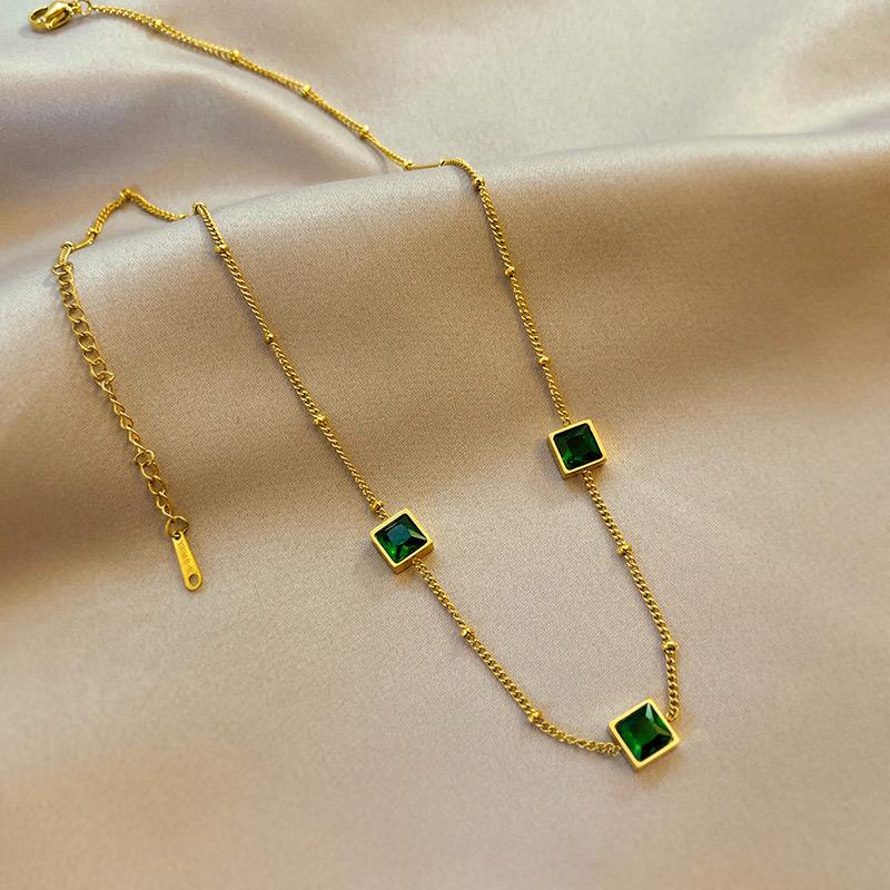 Triple Square Crystal Station Necklace - 18K Gold Plated Stainless Steel Jewelry