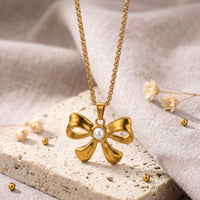 Pearl Centre Gold Bow Pendant Necklace - view 3