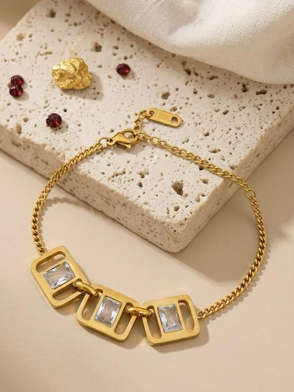 Linked Square Frame Baguette Crystal Bracelet - 18K Gold Plated Stainless Steel Jewelry
