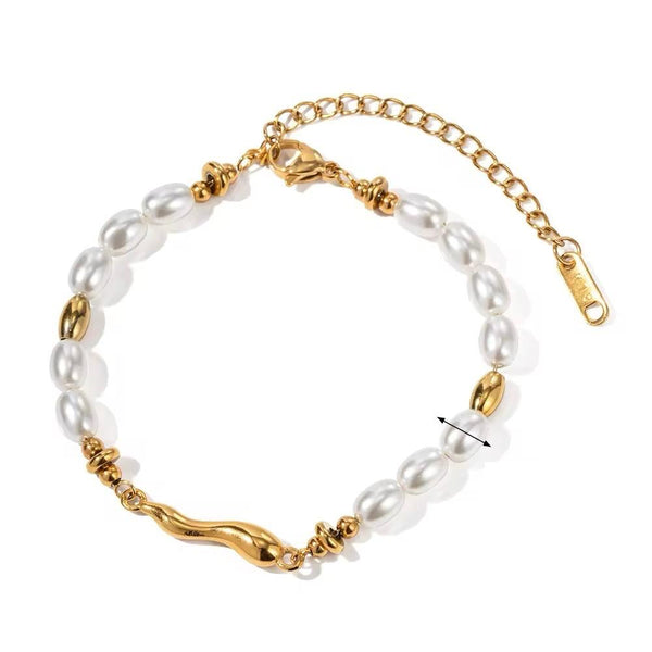 Pearl & Gold Wavy Bar Bead Bracelet
