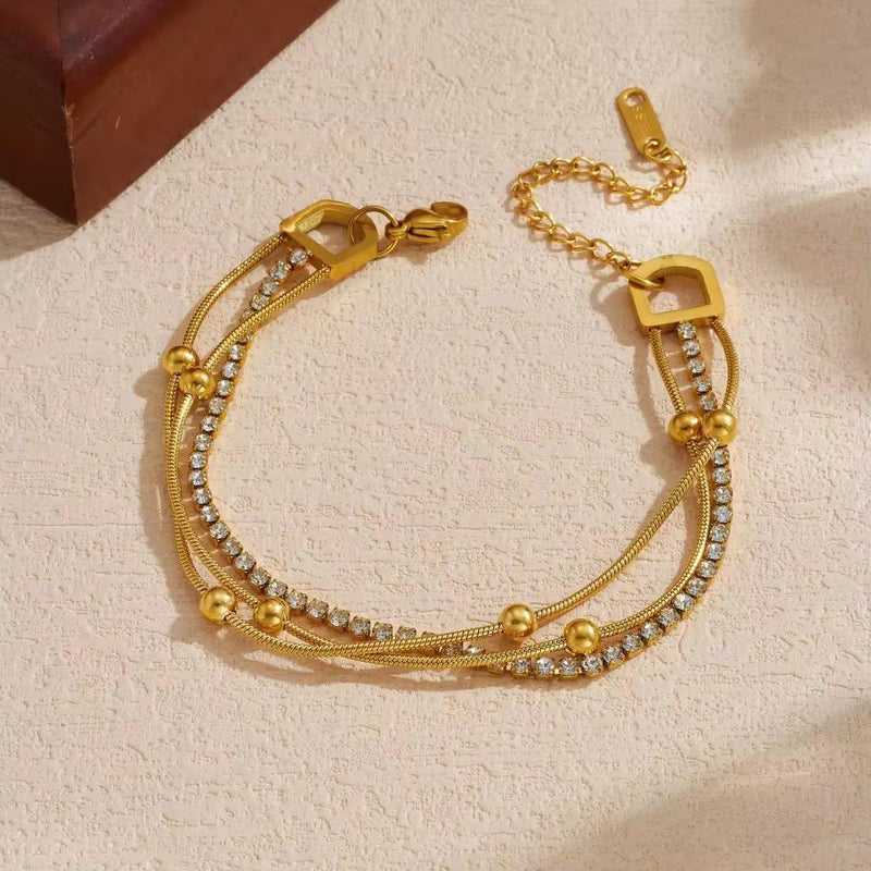 Triple Layer Crystal Snake Chain Bracelet - 18K Gold Plated Stainless Steel Jewelry