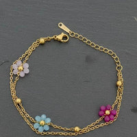 Colourful Beaded Flower Charm Double Layer Bracelet - view 2