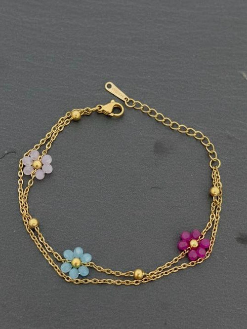 Colourful Beaded Flower Charm Double Layer Bracelet - 18K gold-plated stainless steel jewelry