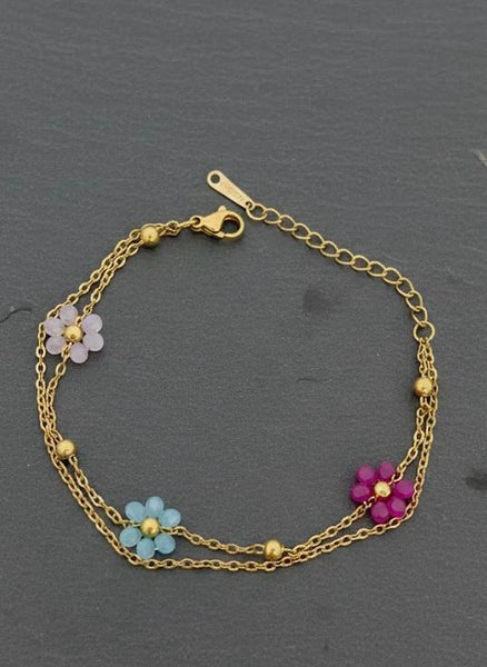 Colourful Beaded Flower Charm Double Layer Bracelet