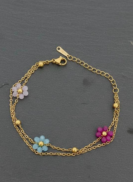 Colourful Beaded Flower Charm Double Layer Bracelet - 18K Gold Plated Stainless Steel Jewelry