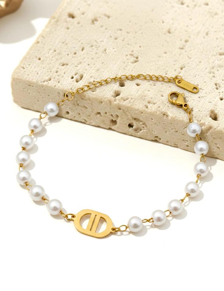 Pearl Chain Anchor Bracelet - 18K Gold Plated Stainless Steel Jewelry