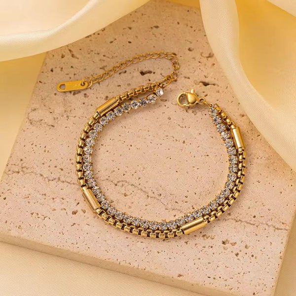Double Layer Crystal Tennis & Box Chain Bracelet