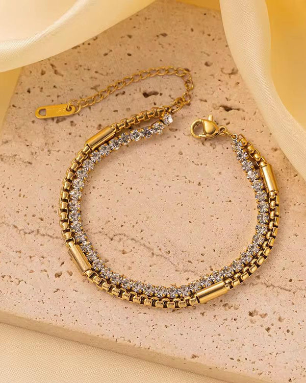 Double Layer Crystal Tennis & Box Chain Bracelet