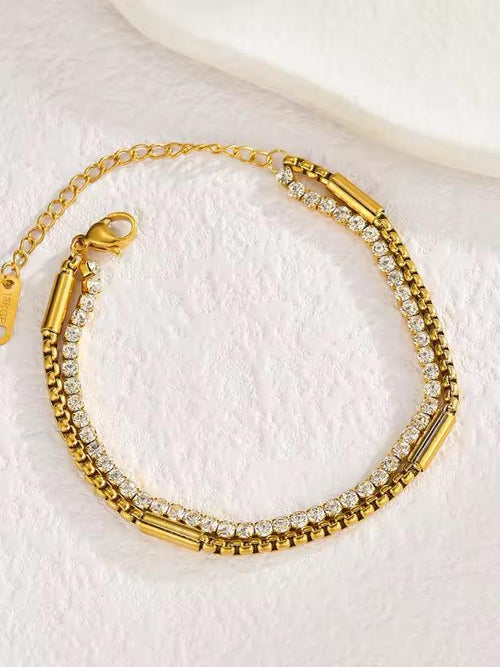 Double Layer Crystal Tennis & Box Chain Bracelet - 18K gold-plated stainless steel jewelry