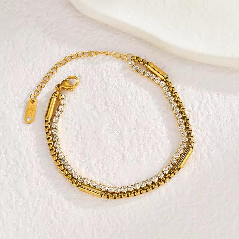 Double Layer Crystal Tennis & Box Chain Bracelet - 18K Gold Plated Stainless Steel Jewelry