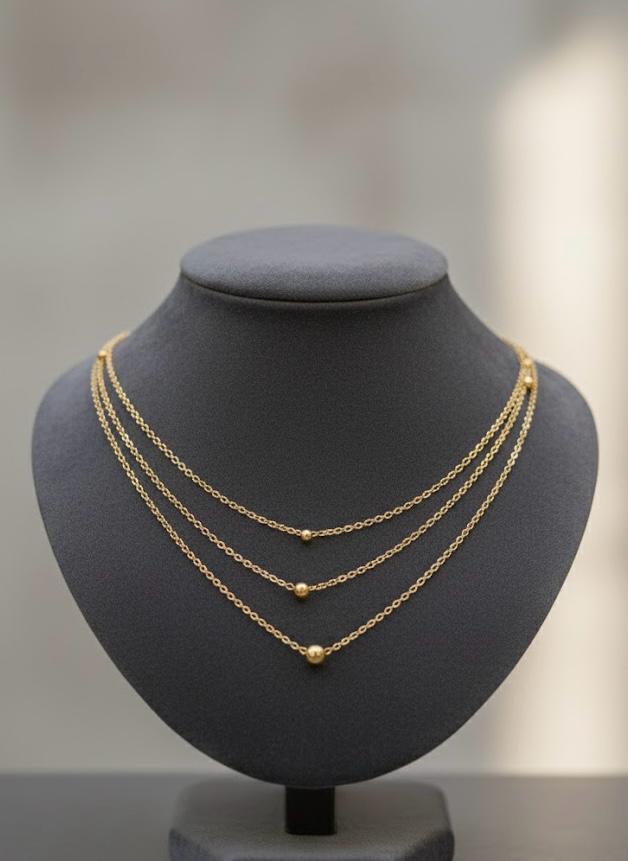Triple Layer Gold Bead Station Necklace - 18K Gold Plated Stainless Steel Jewelry