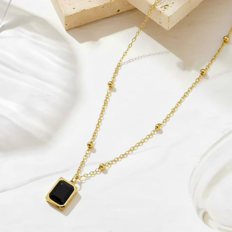 Gemstone Square Pendant Necklace - 18K Gold Plated Stainless Steel Jewelry