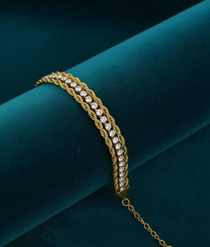 Crystal Tennis & Double Rope Chain Bracelet - 18K Gold Plated Stainless Steel Jewelry