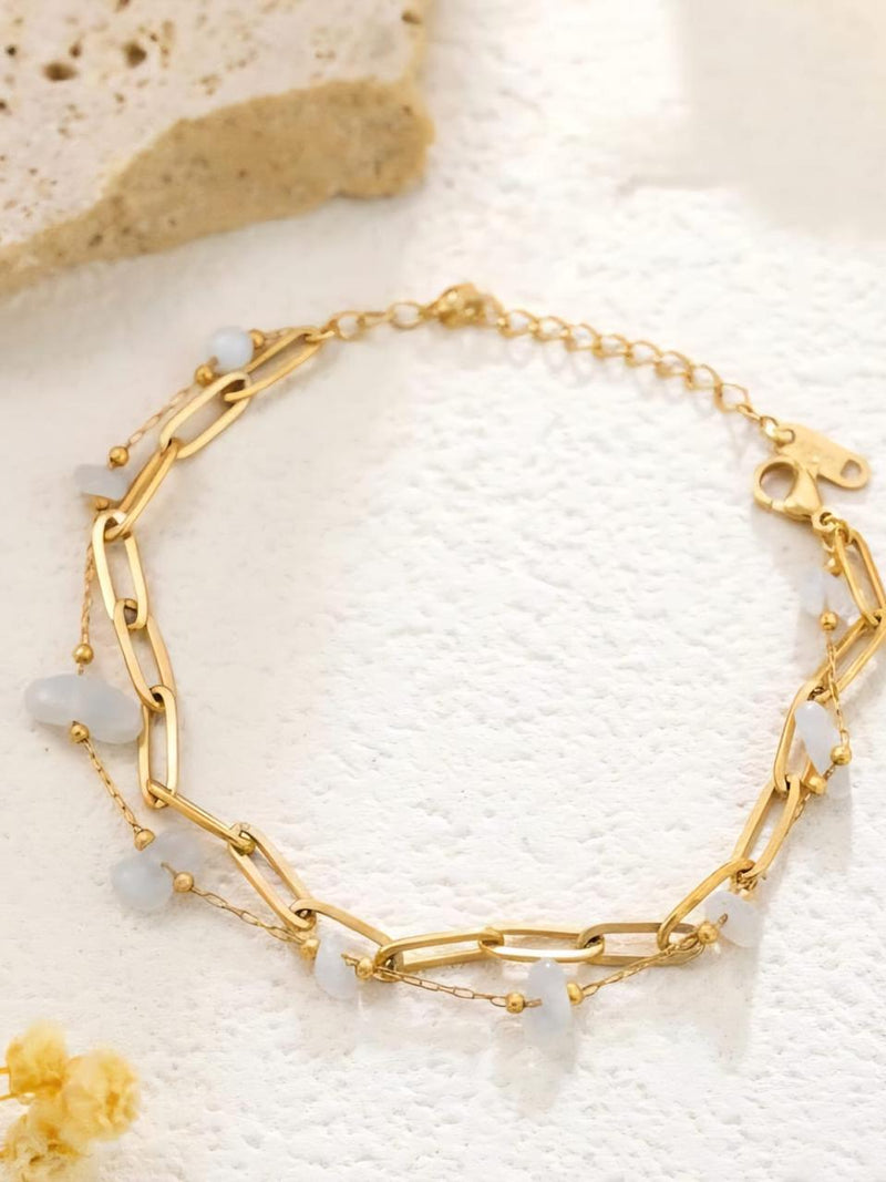 Moonstone Chip Double Chain Bracelet - 18K Gold Plated Stainless Steel Jewelry