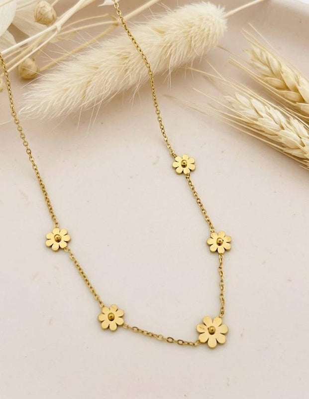 Gold Daisy Flower Station Necklace - 18K Gold Plated Stainless Steel Jewelry