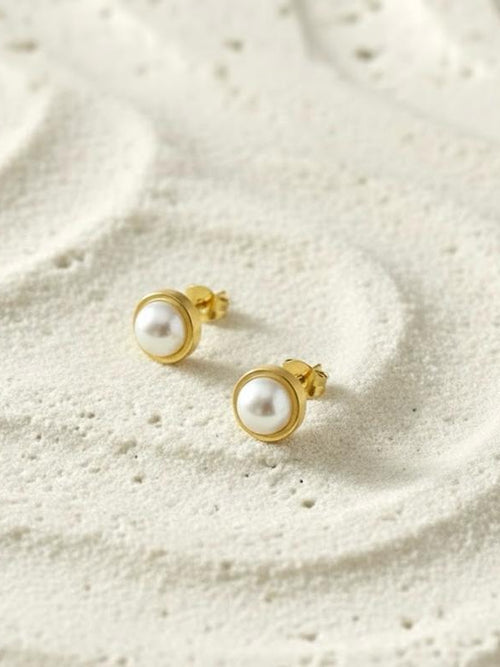 Pearl Bezel Stud Earrings - 18K gold-plated stainless steel jewelry