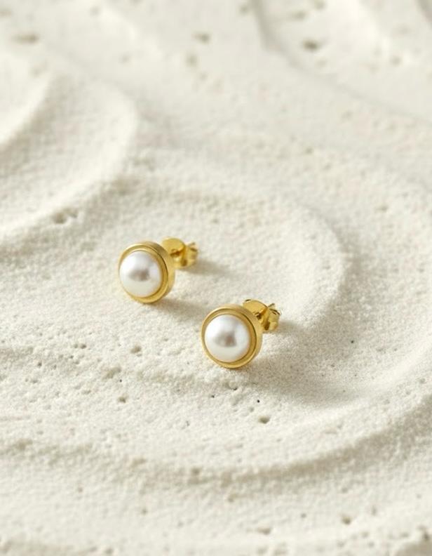 Pearl Bezel Stud Earrings - 18K Gold Plated Stainless Steel Jewelry