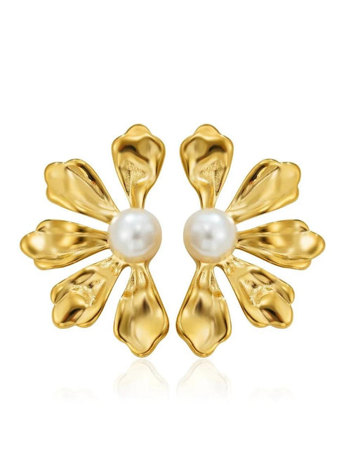 Pearl Bloom Flower Stud Earrings - 18K gold-plated stainless steel jewelry
