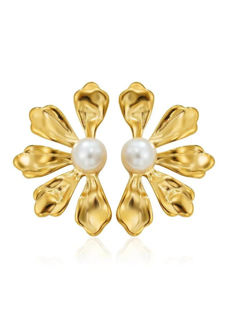 Pearl Bloom Flower Stud Earrings - 18K Gold Plated Stainless Steel Jewelry