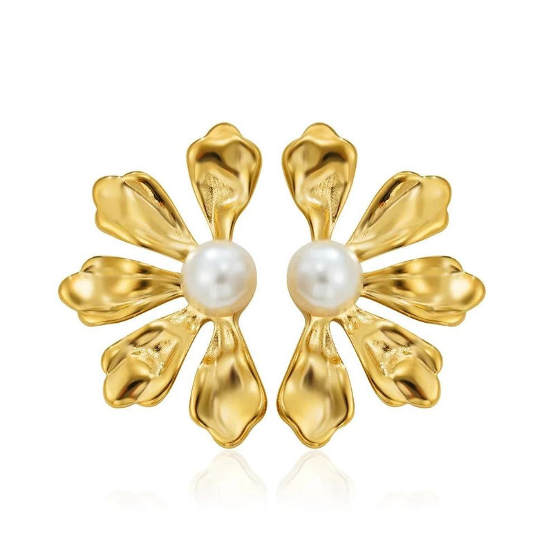 Pearl Bloom Flower Stud Earrings - 18K Gold Plated Stainless Steel Jewelry