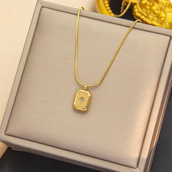 Gold Rectangle Star Crystal Pendant Necklace