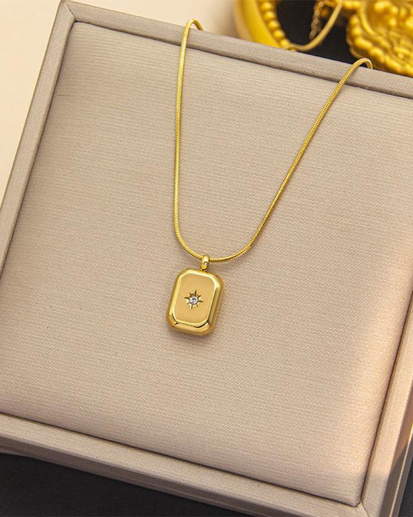 Gold Rectangle Star Crystal Pendant Necklace