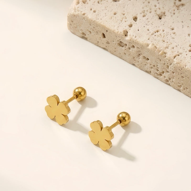Four Leaf Clover Stud Earrings - 18K Gold Plated Stainless Steel Jewelry