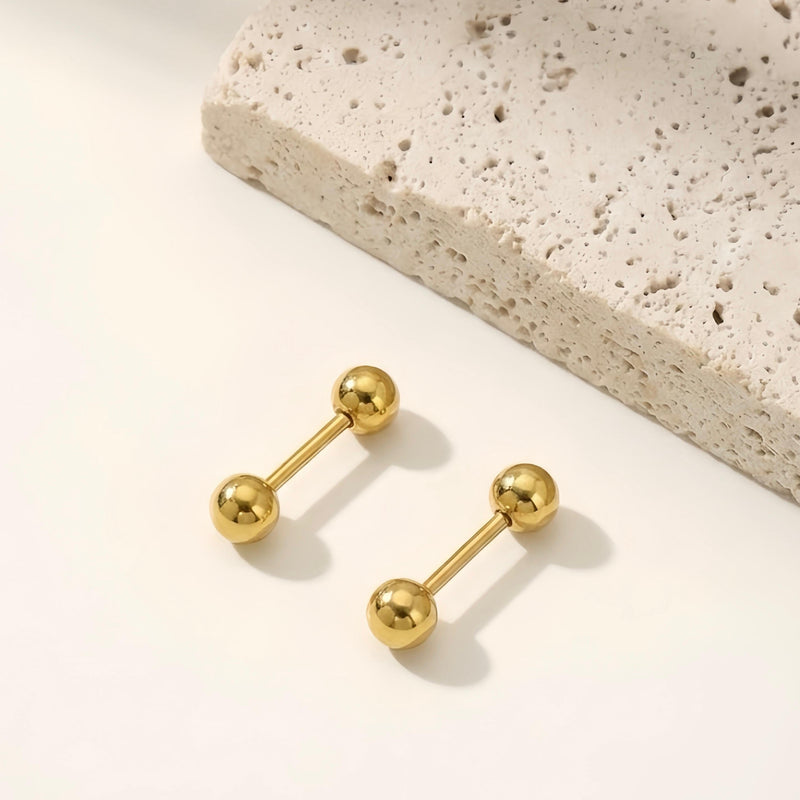 Double Ball Barbell Stud Earrings - 18K Gold Plated Stainless Steel Jewelry