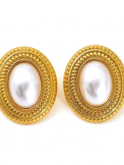 Vintage Oval Pearl Stud Earrings - 18K gold-plated stainless steel jewelry