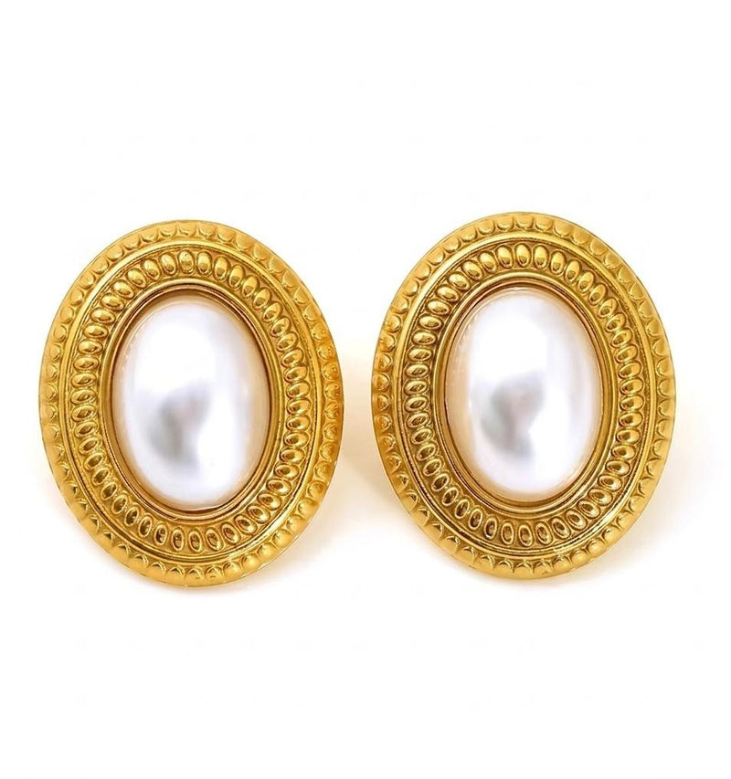 Vintage Oval Pearl Stud Earrings - 18K Gold Plated Stainless Steel Jewelry