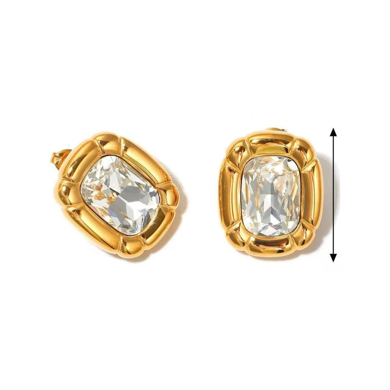 Cushion Crystal Stud Earrings - 18K Gold Plated Stainless Steel Jewelry