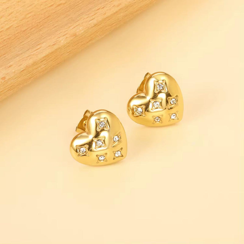 Crystal Heart & Star Stud Earrings - 18K Gold Plated Stainless Steel Jewelry