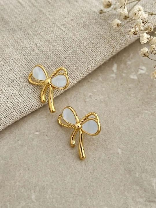 Mother of Pearl Bow Stud Earrings - 18K Gold Plated Stainless Steel Jewelry