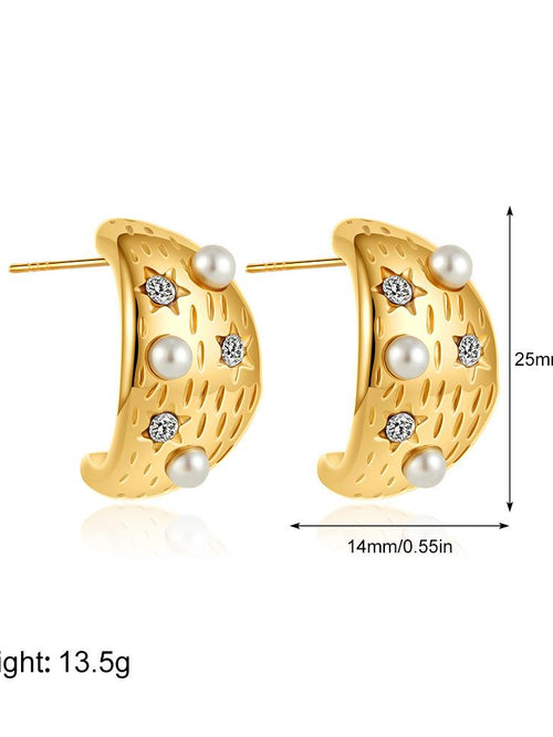 Pearl & Crystal Star C-Hoop Earrings - 18K gold-plated stainless steel jewelry