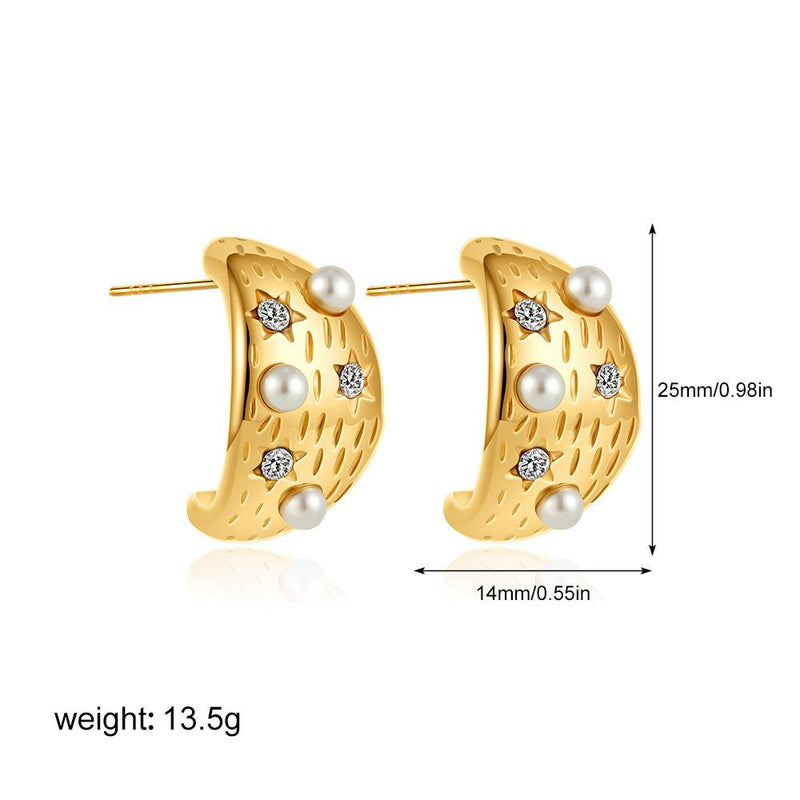 Pearl & Crystal Star C-Hoop Earrings - 18K Gold Plated Stainless Steel Jewelry