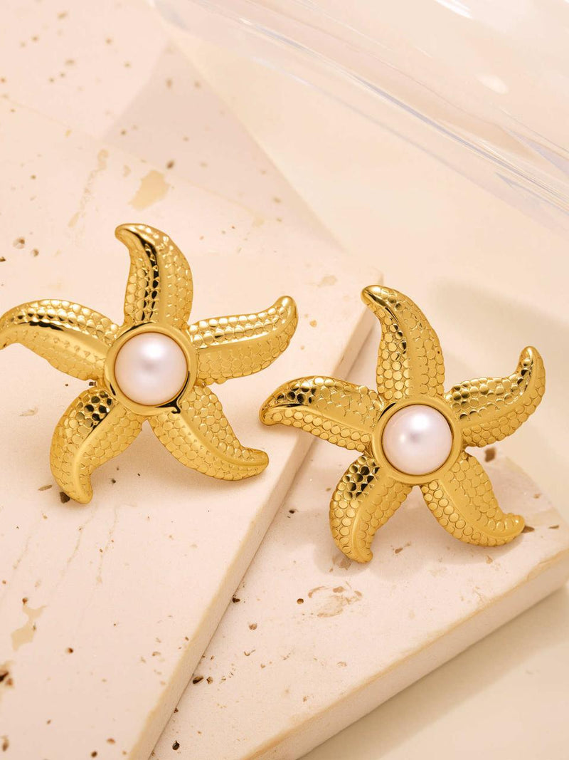 Pearl Starfish Stud Earrings - 18K Gold Plated Stainless Steel Jewelry