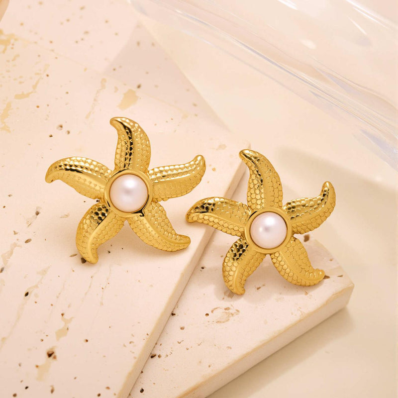 Pearl Starfish Stud Earrings - 18K Gold Plated Stainless Steel Jewelry