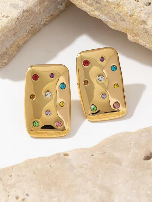 Rainbow Crystal Rectangle Stud Earrings - 18K gold-plated stainless steel jewelry