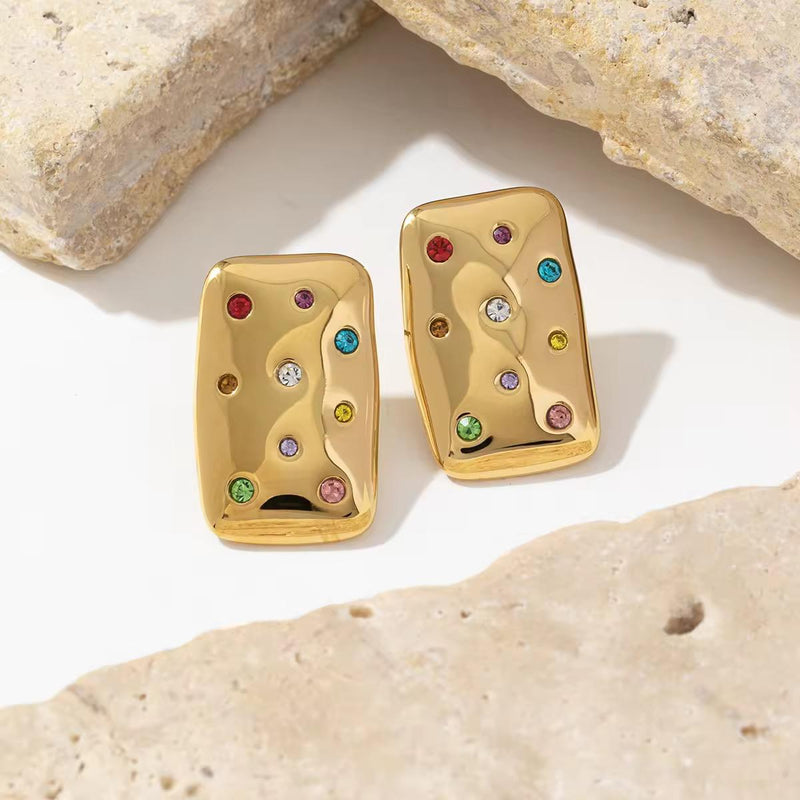 Rainbow Crystal Rectangle Stud Earrings - 18K Gold Plated Stainless Steel Jewelry
